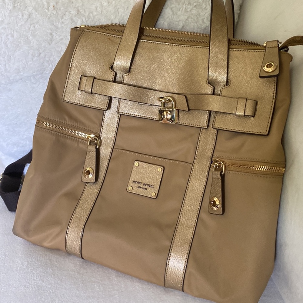 Henri Bendel Gold Nylon and Leather Jetsetter Backpack Crossbody Tote Gold Lock